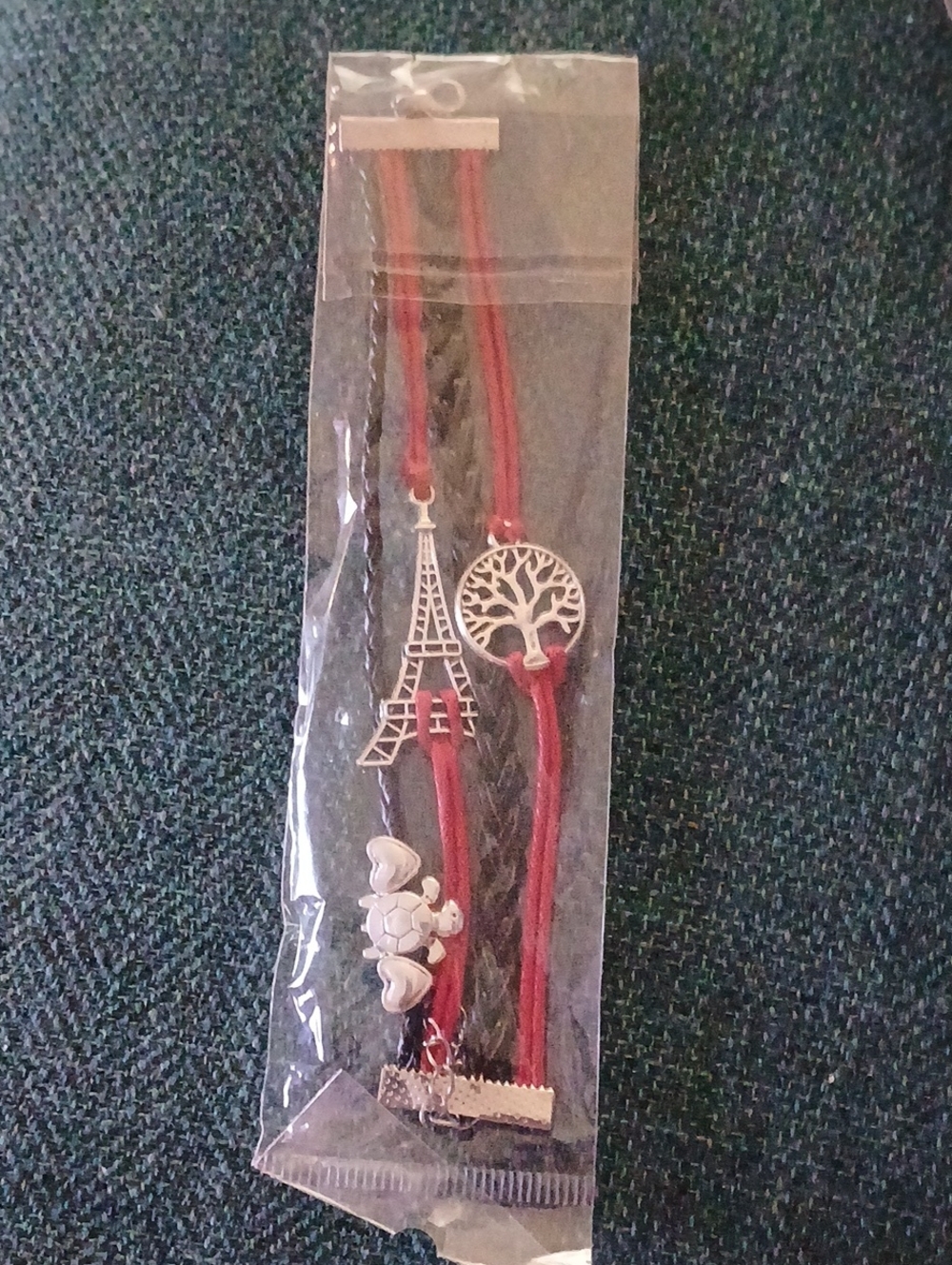 Red Charm Bracelet Set with Eiffel Tower & Tree Motifs